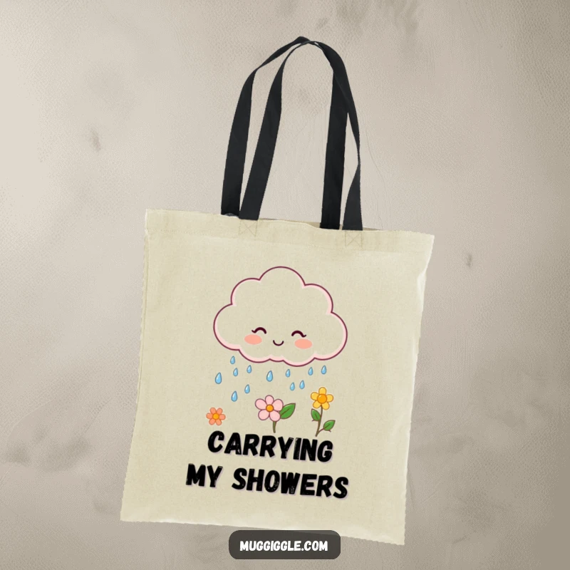 Funny cloud character tote bag, raining happy drops on a flower, ideal for carrying joy.