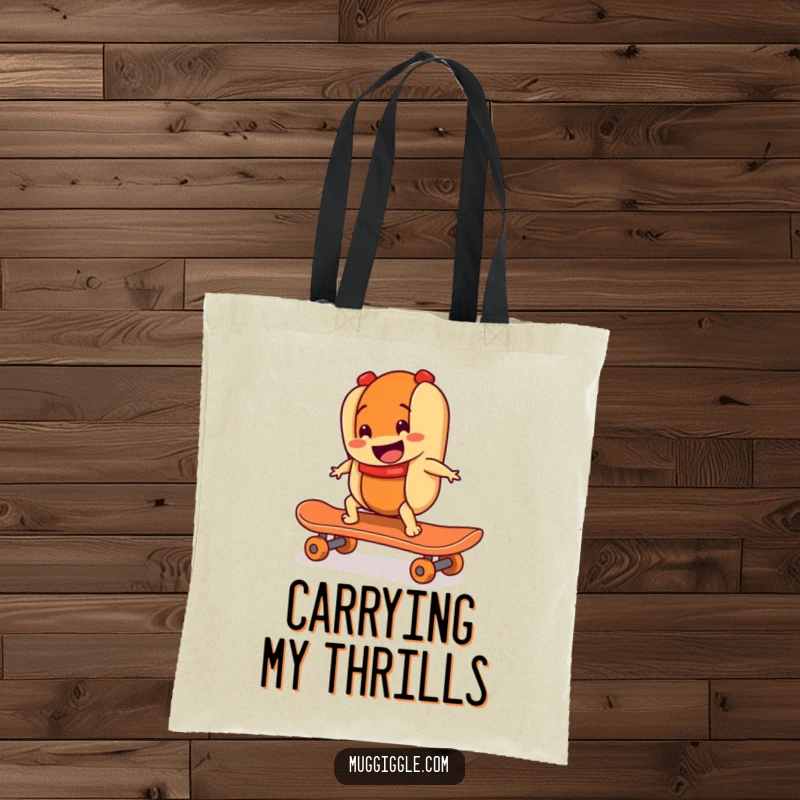 Funny tote bag depicting a smiling hot dog character riding a runaway skateboard, perfect for carrying items with energetic food humor.