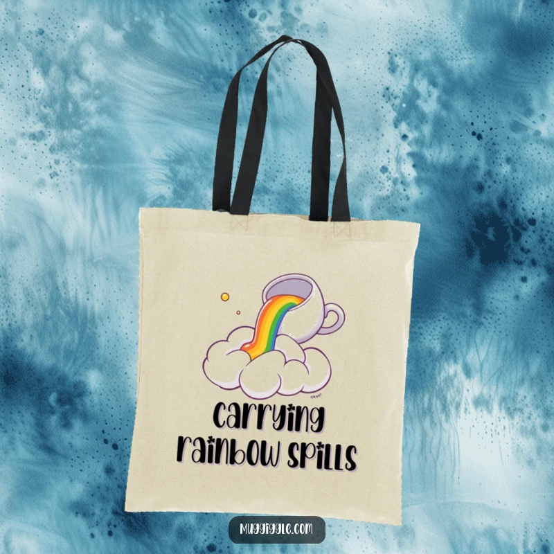Funny Tote Bag: A small teacup spills a colorful rainbow onto a surprised, fluffy cloud, showcasing playful and whimsical art.