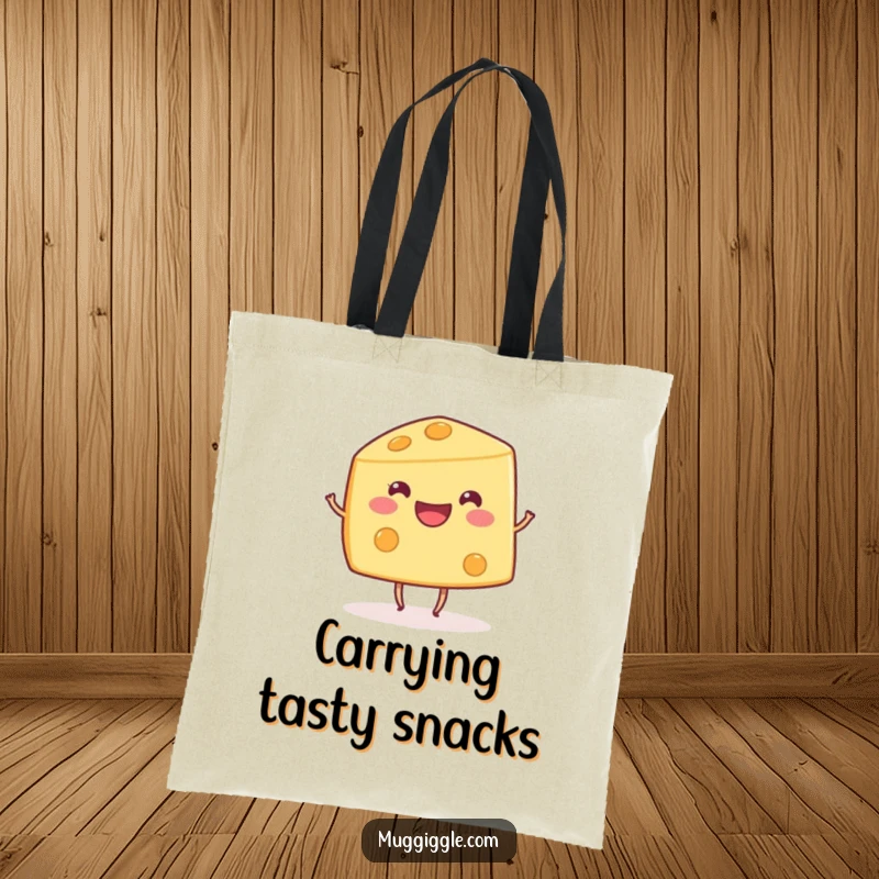 Funny happy cheese wedge character with small dancing legs, depicted on a tote bag for a humorous and practical accessory.
