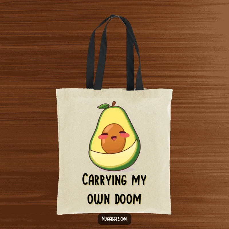 Funny Avocado Tote Bag: A clumsy green avocado character comically slipping on its own peel, a humorous cartoon accessory.