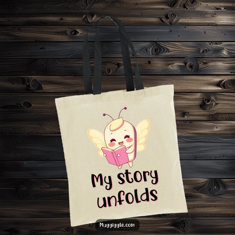 Funny tote bag illustrated with a happy book character comically flying with tiny butterfly wings, perfect for carrying daily items with a magical, humorous touch.