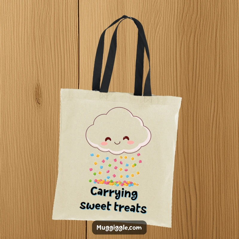 Funny tote bag with a smiling cloud raining multi-colored candy pieces, perfect for carrying everyday items with cheer.