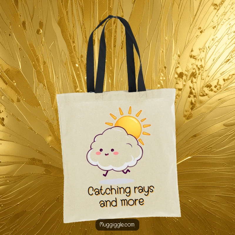 Funny fluffy cloud with tiny legs chasing a beaming sun, on a durable tote bag for cheerful carrying.