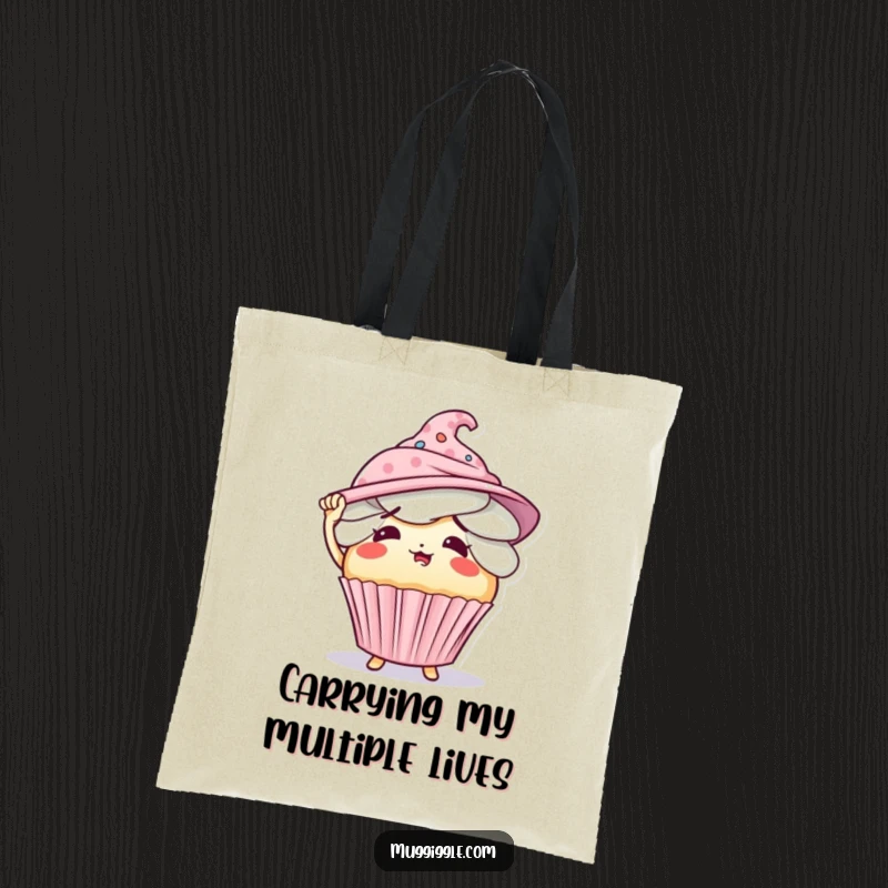 Funny tote bag displaying a flustered cupcake character comically struggling to hold an assortment of hats.