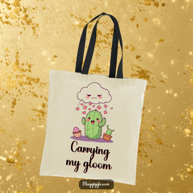 Funny grumpy cloud raining small hearts onto a surprised, smiling cactus, printed on a durable tote bag.
