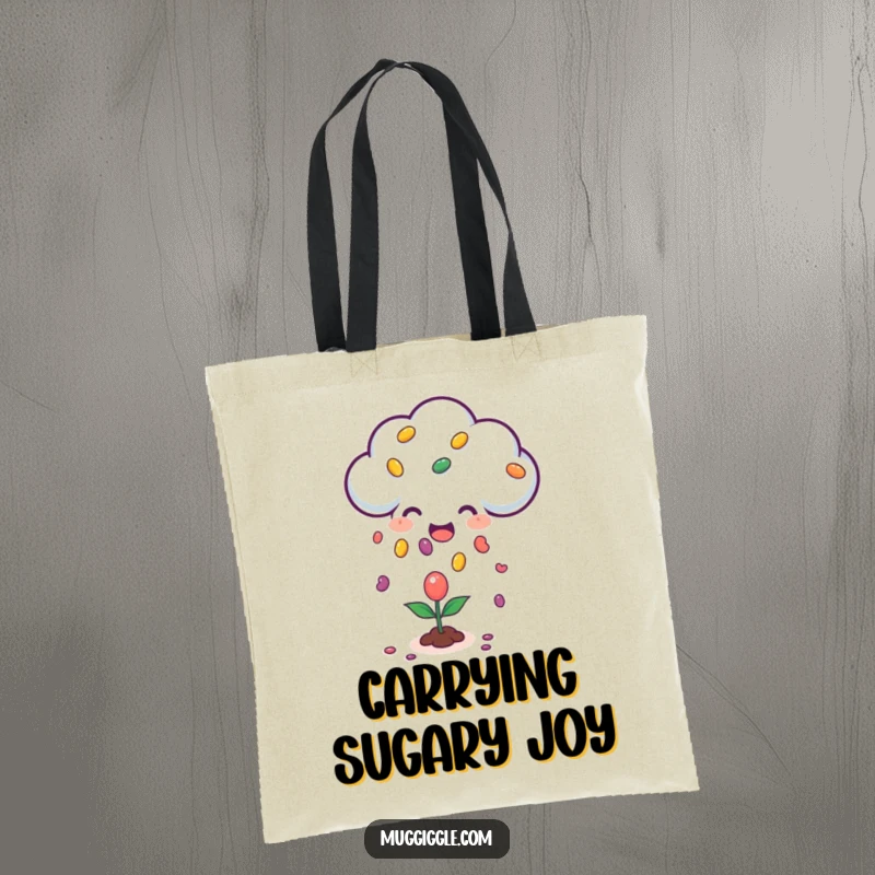 Funny tote bag featuring a happy cloud character raining jellybeans onto a small plant, perfect for carrying everyday items with a sweet touch.