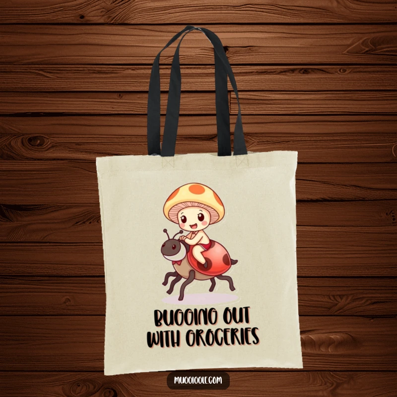 Funny Mushroom Ladybug Tote Bag: A delighted mushroom character joyfully riding a ladybug like a steed, a charming accessory.
