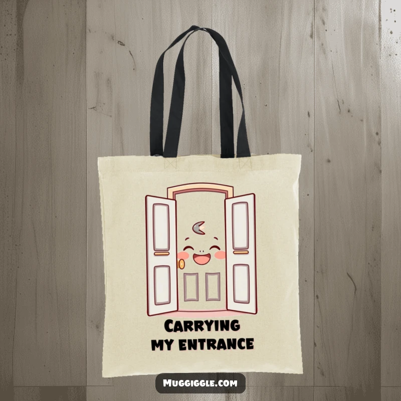Funny tote bag featuring a friendly door character opening to reveal a laughing face, symbolizing open hospitality.
