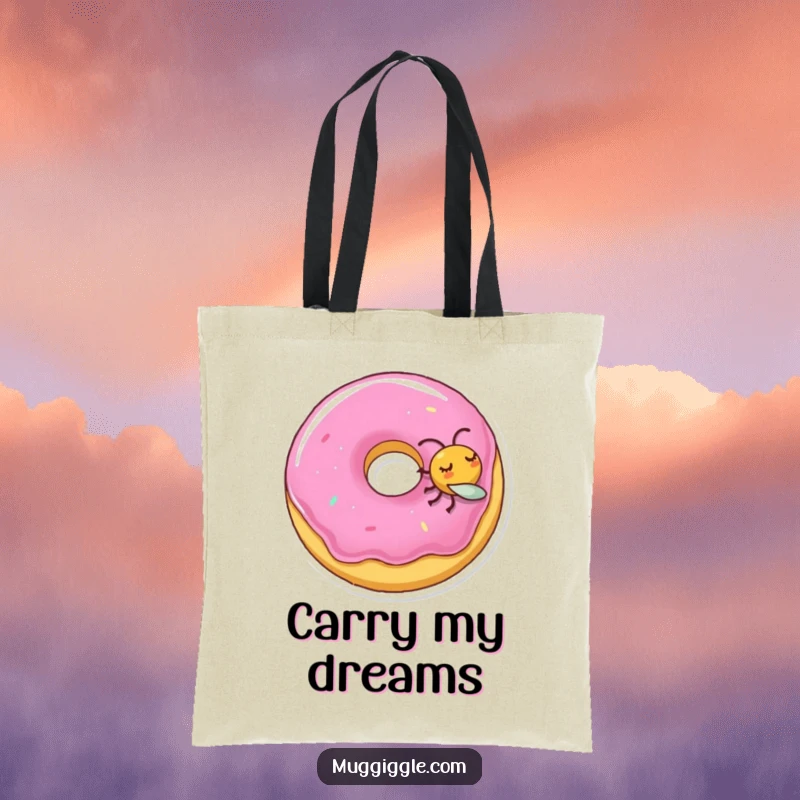 Funny tote bag illustrated with a sleeping donut character being nudged by a curious fly, adding charm.