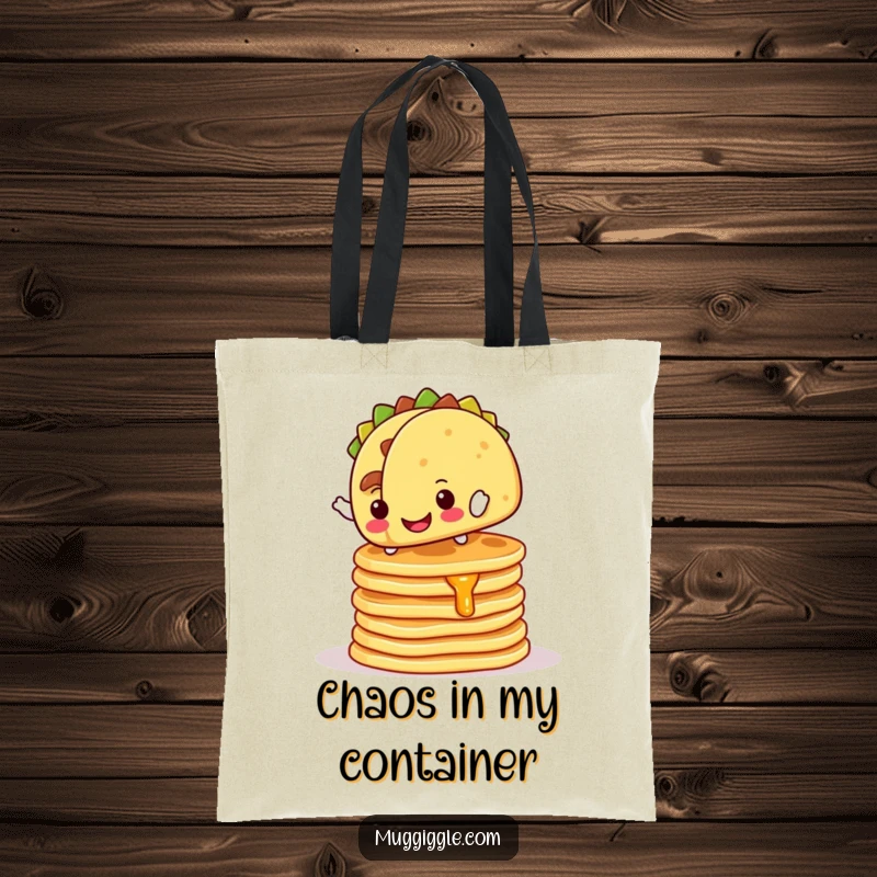 Funny Tote Bag: Cheerful taco character balancing on wobbly pancakes, a humorous and practical carryall.