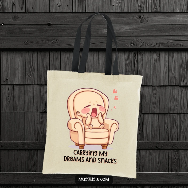 Funny armchair tote bag showing a sleepy character yawning wide, perfect for carrying necessities with a dose of sleepy humor and a funny gift.