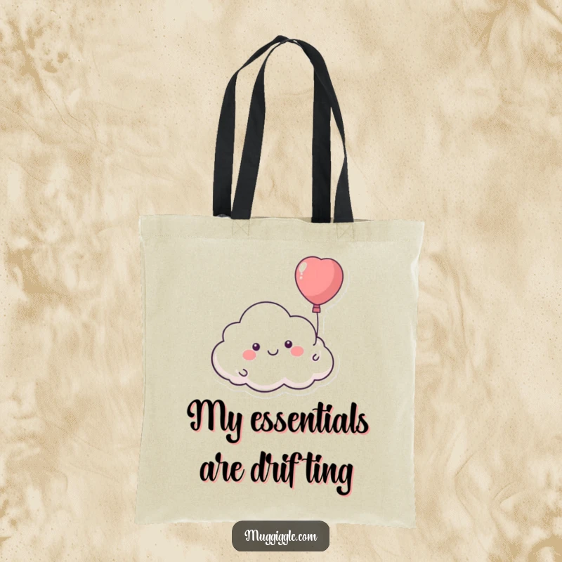 Funny tote bag with a smiling cloud character floating away with a runaway balloon, perfect for carrying dreams.