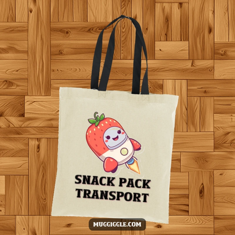 Funny Tote Bag with a small rocket ship piloted by a smiling strawberry, humorously wobbling during its space flight.